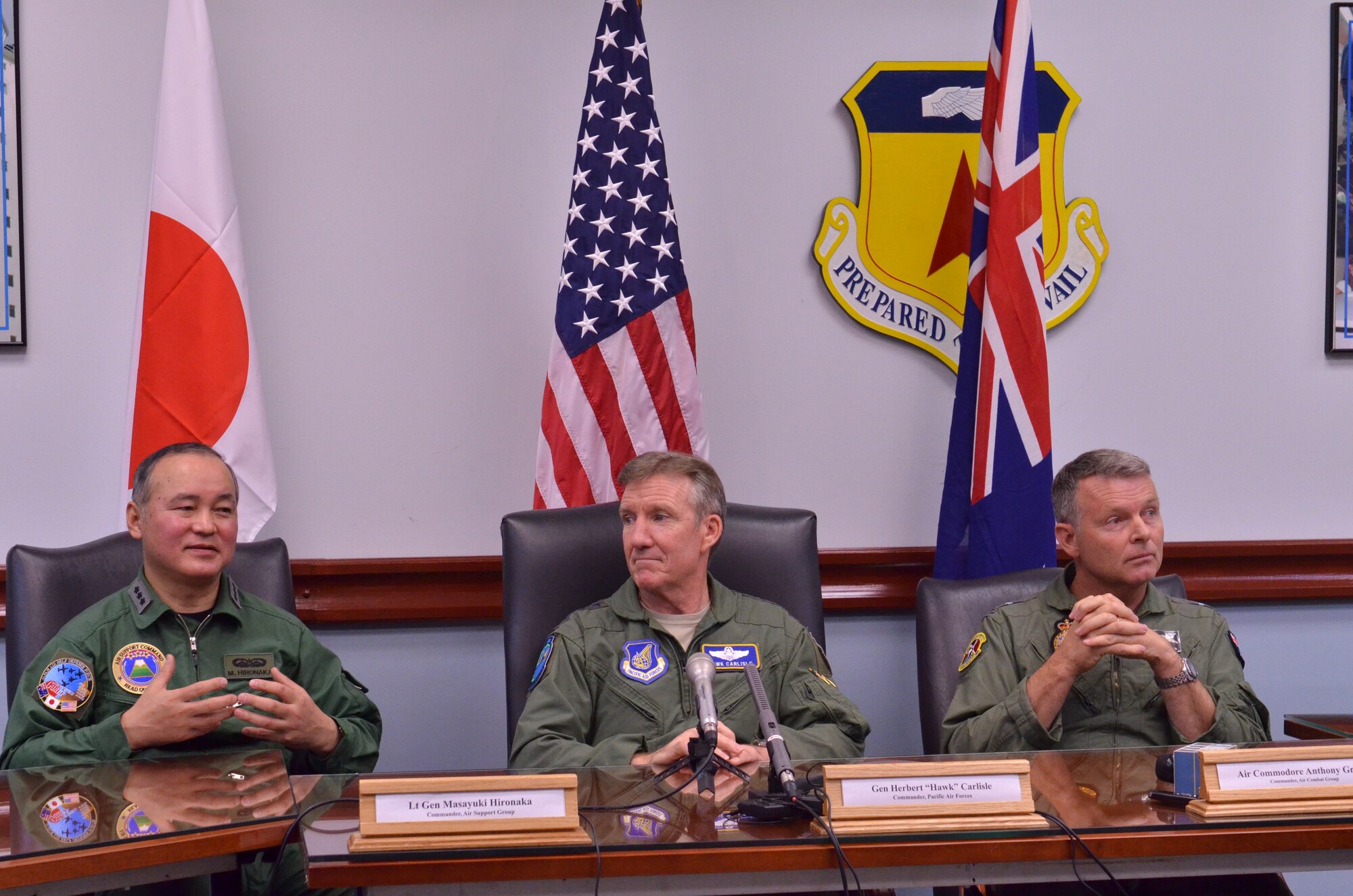 Lt. Gen. Masayuki Hironaka, Japan Air Self-Defense Force Air Support Command commander, responds to a question during a media roundtable for Cope North 13 at Andersen Air Force Base, Guam Feb. 4. Hironaka was joined by Gen. Herbert "Hawk" Carlisle, Pacific Air Forces commander, and Air Commodore Anthony Grady, Royal Australian Air Force Air Combat Group commander, in discussing the relationship between the three partner militaries and how Cope North serves to prepare them for real-world response events.  Cope North is a multilateral aerial exercise, held once or twice yearly, designed to increase the combat readiness and interoperability of the U.S.
Air Force, Japan Air Self-Defense Force, Royal Australian Air Force and other Pacific partner nations.
 (U.S. Air Force photo by Staff Sgt. Alexandre Montes/RELEASED)