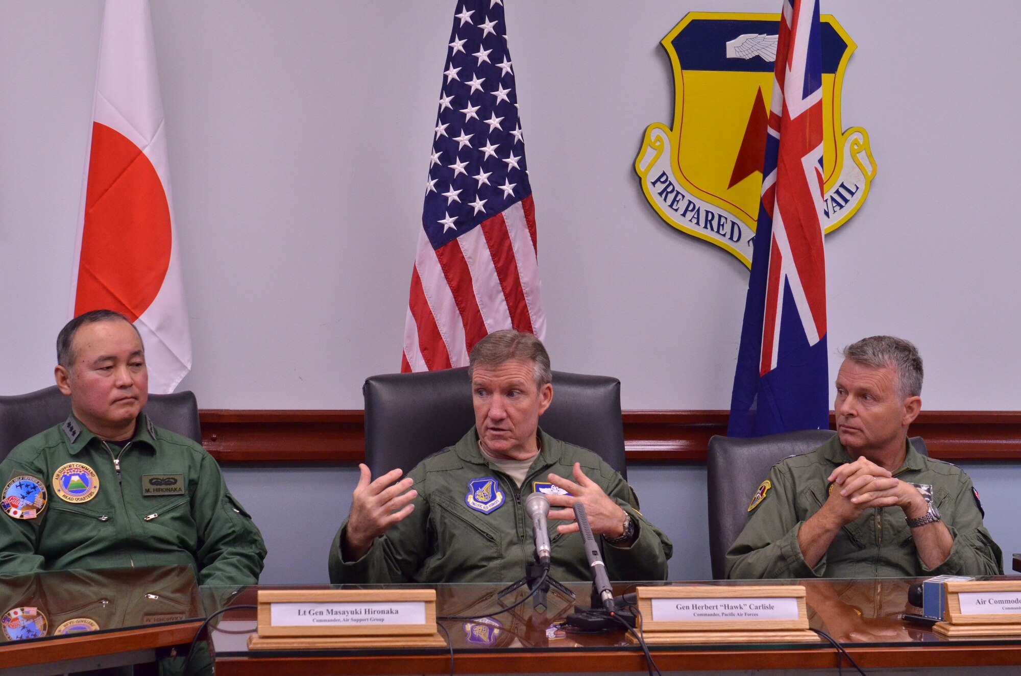 Gen. Herbert "Hawk" Carlisle, Pacific Air Forces commander, responds to a question during a media roundtable for Cope North 13 at Andersen Air Force Base, Guam Feb. 4. Carlisle was joined by Lt. Gen. Masayuki Hironaka, Japan Air Self-Defense Force Air Support Command commander, and Air Commodore Anthony Grady, Royal Australian Air Force Air Combat Group commander, in discussing the relationship between the three partner militaries and how Cope North serves to prepare them for real-world response events.  Cope North is a multilateral aerial exercise, held once or twice yearly, designed to increase the combat readiness and interoperability of the U.S.
Air Force, Japan Air Self-Defense Force, Royal Australian Air Force and other Pacific partner nations.
 (U.S. Air Force photo by Staff Sgt. Alexandre Montes/RELEASED)