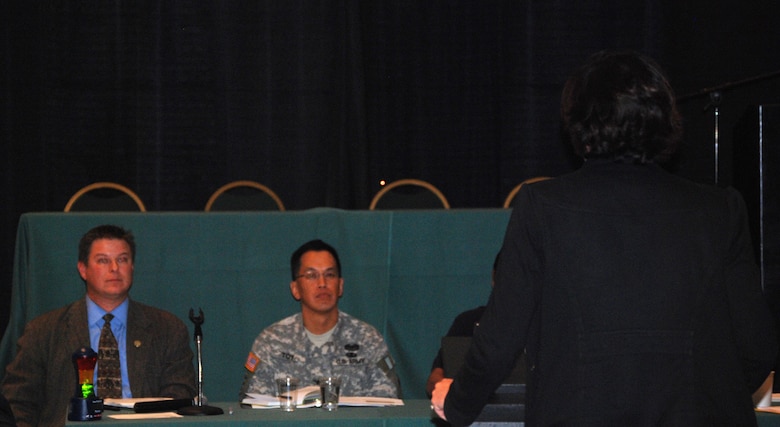 Bill Miller (left) and Col. Mark Toy (center) listen to testimony about the proposed Gregory Canyon landfill provided during the public hearing held Jan. 31 at the California Center for the Arts in Escondido. Nearly 80 speakers spoke in favor of and in opposition to the Corps approving the permit.