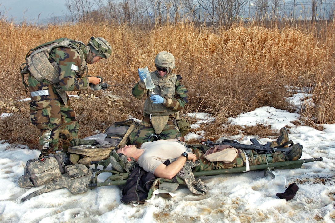 U.S. Army Spc. Leif Anderson, center, and a Korean soldier, left, provide care to a simulated casualty during medical evacuation training in Yeoncheon, South Korea, Jan. 31, 2013. Anderson, a combat medic, is assigned to the 2nd Infantry Division's Headquarters Battery, 6th Battalion, 37th Field Artillery Regiment, 210th Fires Brigade.