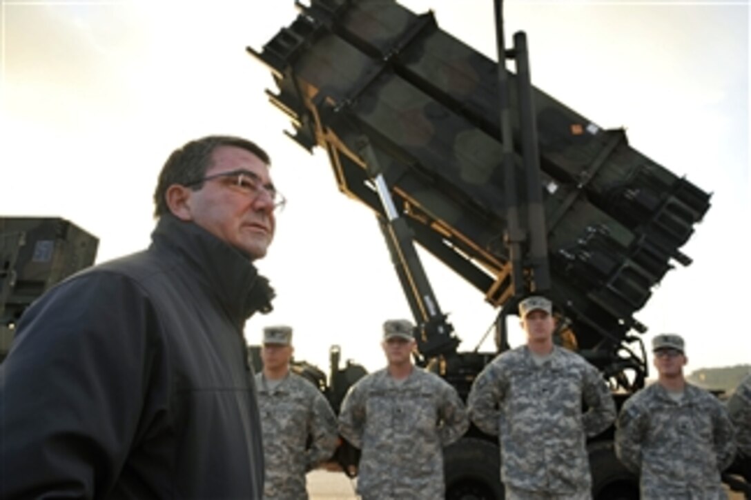 Deputy Secretary of Defense Ashton B. Carter speaks to the soldiers manning a Patriot missile battery at a Turkish army base near Gaziantep, Turkey, on Feb. 4, 2013.  Carter is concluding his six-day trip to meet with officials in France, Germany, Jordan and Turkey with a visit to the battery.  