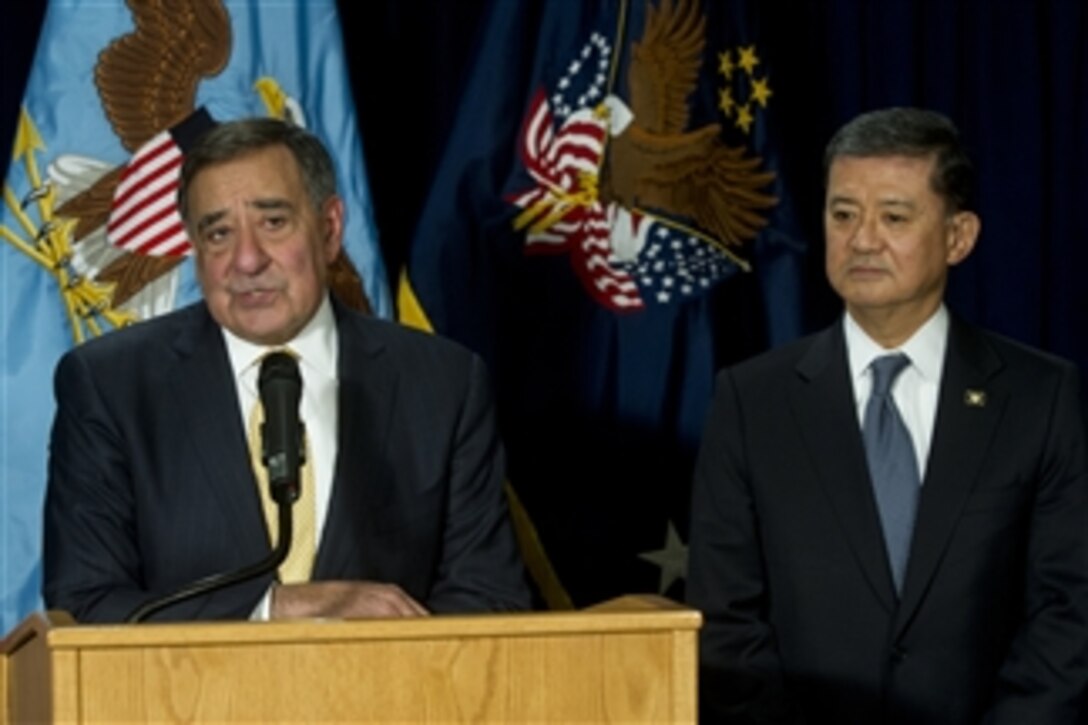 Secretary of Defense Leon E. Panetta, left, and Secretary of Veterans Affairs Eric K. Shinseki brief the press after their meeting at the Department of Veterans Affairs in Washington, D.C., on Feb. 4, 2013.  The secretaries announced that both departments will accelerate the implementation of the Integrated Electronic Health Record program, allowing service members to seamlessly transfer their electronic health care records from DoD to VA.  