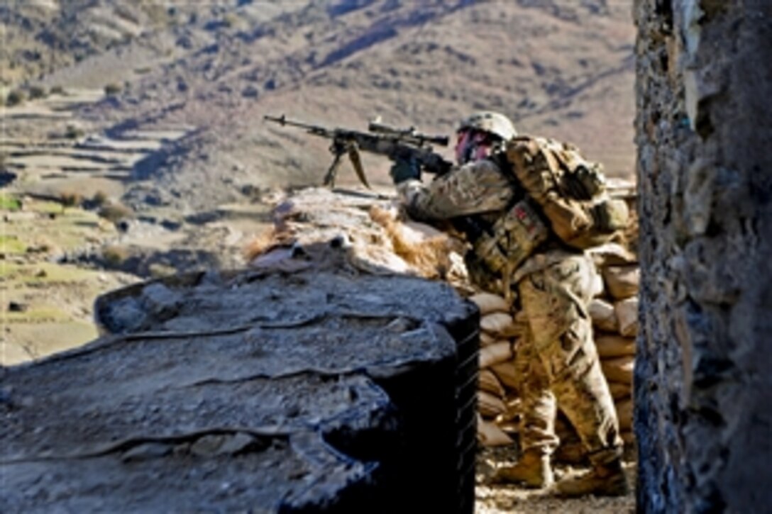U.S. Army Sgt. Andrew Barnett scans the area using the optic lens on his M14 enhanced battle rifle outside an Afghan border police observation point in Kunar province, Afghanistan, Jan. 28, 2013. Barnett is assigned to the 101st Airborne Division's 2nd Battalion, 327th Infantry Regiment, 1st Brigade Combat Team.