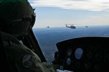 Marine Light Attack Helicopter Squadron 269 Marines bids fair winds and following seas to the UH-1N Huey on it final flight with the squadron with a parade across the skies of Marines Corps Air Station New River, Feb. 5.
Two UH-1N Hueys were joined by its replacement a UH-1Y Huey and its partner in the sky, an AH-1W Cobra. After the flight, Col. Scott S. Jenson, Marine Aircraft Group 29 commanding officer, reflected on the history of the UH-1N Huey.  
