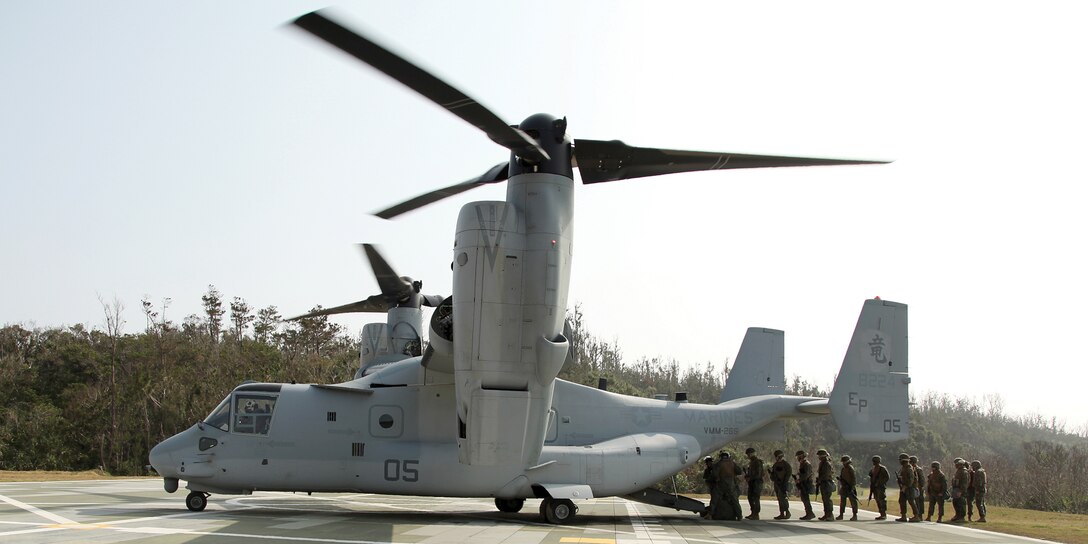An MV-22B Osprey and its crew prepare to extract Marines with 3rd Supply Battalion from a landing zone during a supply management unit exercise Jan. 25 at Kin Blue Training Area near Camp Hansen. The exercise placed the Marines in a simulated deployed environment, where they practiced infantry and convoy tactics as well as preformed their supply functions. 3rd Supply Battalion is part of Combat Logistics Regiment 35, 3rd Marine Logistics Group, III Marine Expeditionary Force.
