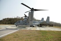 An MV-22B Osprey and its crew prepare to extract Marines with 3rd Supply Battalion from a landing zone during a supply management unit exercise Jan. 25 at Kin Blue Training Area near Camp Hansen. The exercise placed the Marines in a simulated deployed environment, where they practiced infantry and convoy tactics as well as preformed their supply functions. 3rd Supply Battalion is part of Combat Logistics Regiment 35, 3rd Marine Logistics Group, III Marine Expeditionary Force.
 