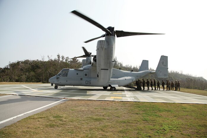 An MV-22B Osprey and its crew prepare to extract Marines with 3rd Supply Battalion from a landing zone during a supply management unit exercise Jan. 25 at Kin Blue Training Area near Camp Hansen. The exercise placed the Marines in a simulated deployed environment, where they practiced infantry and convoy tactics as well as preformed their supply functions. 3rd Supply Battalion is part of Combat Logistics Regiment 35, 3rd Marine Logistics Group, III Marine Expeditionary Force.
 