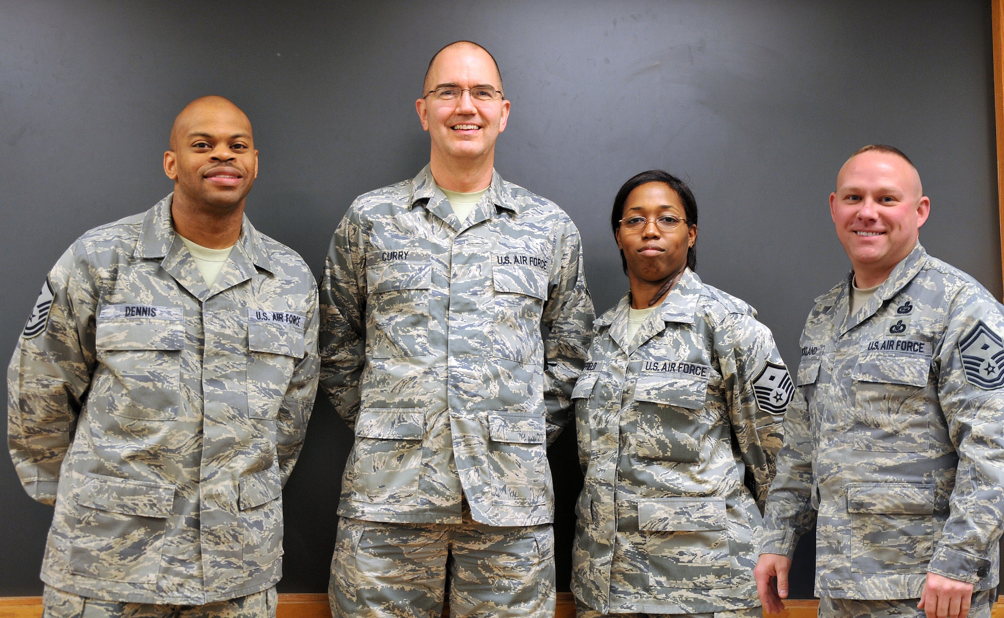 The 94th Airlift Wing First Sergeants Council announced who would serve on the executive board within the council on Jan. 4. Master Sgts. Patrina Sheffield, 94th Maintenance Squadron first sergeant, George Curry, 94th Communication Squadron first sergeant, and Travon Dennis, 94th Logistics Readiness Squadron first sergeant, and Senior Master Sgt. David Strickland, 80th Aerial Port Squadron first sergeant, will serve as president, vice president, secretary and treasurer, respectively. (U.S. Air Force photo/Senior Airman Elizabeth Van Patten)