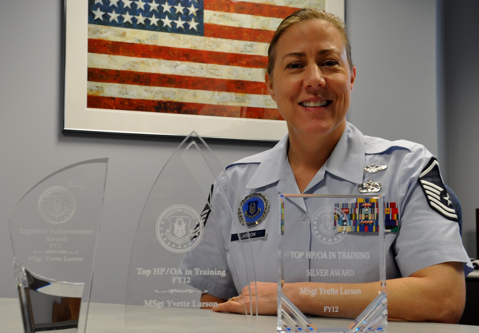 Master Sgt. Yvette Larson, 446th Airlift Wing officer accessions recruiter for the Western Recruiting Squadron, is the winner of the Top Health Professions/Officer Accessions Award. She exceeded her recruiting goal by 429 percent. (U.S. Air Force Photo/Airman 1st Class Madelyn McCullough)