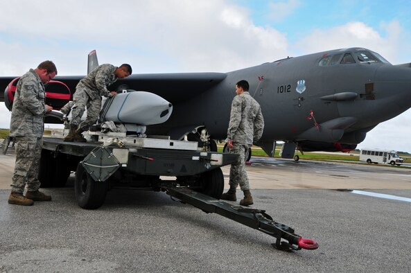U.S. Air Force Airmen from the 36th Expeditionary Aircraft Maintenance Squadron train on Conventional Air Launched Cruise Missile loading on the Andersen Air Force Base, Guam, flightline during Cope North 2013, Feb. 7, 2013. Cope North is an annual air combat tactics, humanitarian assistance and disaster relief exercise designed to increase the readiness and interoperability of the U.S. Air Force, Japan Air Self-Defense Force and Royal Australian Air Force. (U.S. Air Force photo by Airman 1st Class Marianique Santos/RELEASED)