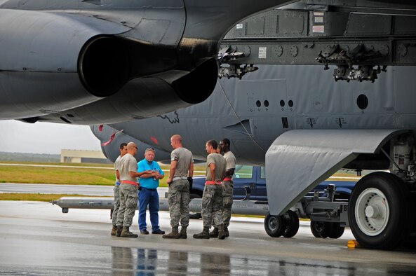Members of the U.S. Air Force 36th Expeditionary Aircraft Maintenance Squadron discuss B-52 Stratofortress maintenance training during Cope North 2013, at Andersen Air Force Base, Guam, Feb. 7, 2013. Cope North is an annual air combat tactics, humanitarian assistance and disaster relief exercise designed to increase the readiness and interoperability of the U.S. Air Force, Japan Air Self-Defense Force and Royal Australian Air Force. (U.S. Air Force photo by Airman 1st Class Marianique Santos/RELEASED)