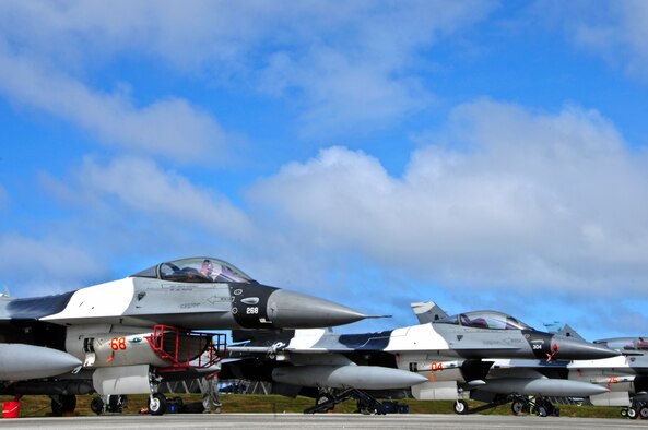 U.S. Air Force F-16 Fighting Falcons from the 354th Fighter Wing, Eielson Air Force Base, Ala., are parked on the Andersen Air Force, Base flight line during Cope North 2013, Feb. 7, 2013. Cope North is an annual air combat tactics, humanitarian assistance and disaster relief exercise designed to increase the readiness and interoperability of the U.S. Air Force, Japan Air Self-Defense Force and Royal Australian Air Force. (U.S. Air Force photo by Airman 1st Class Marianique Santos/RELEASED)