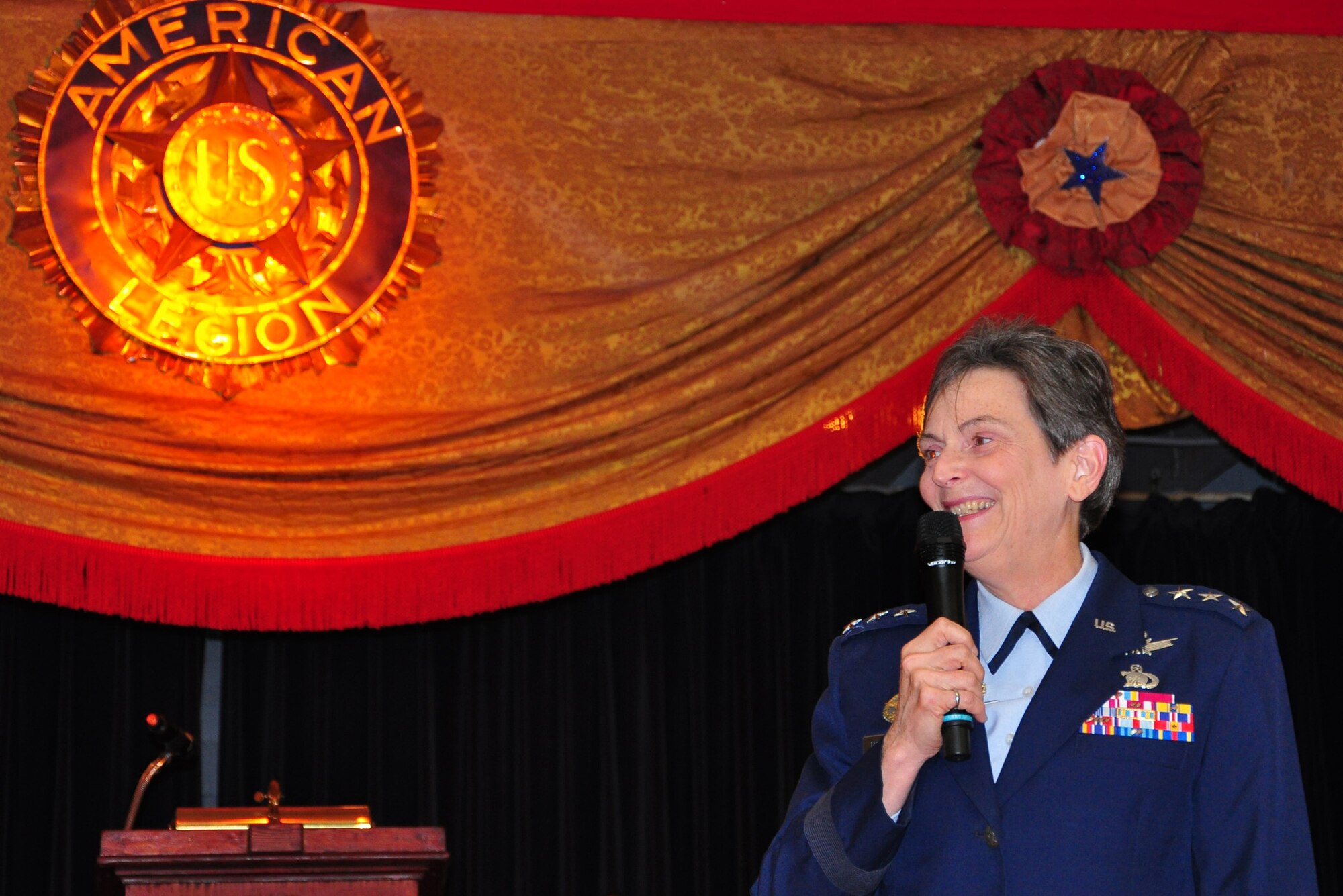 Lieutenant General Ellen Pawlikowski, Space and Missile Systems Center commander, speaks at the American Legion Post 43 in Hollywood, Calif., Feb. 4. She spoke about the evolution of space capabilities in support of U.S. Armed Forces in wars and conflicts since World War I to an audience of nearly 200 veterans. (Photo by Hien Vu)