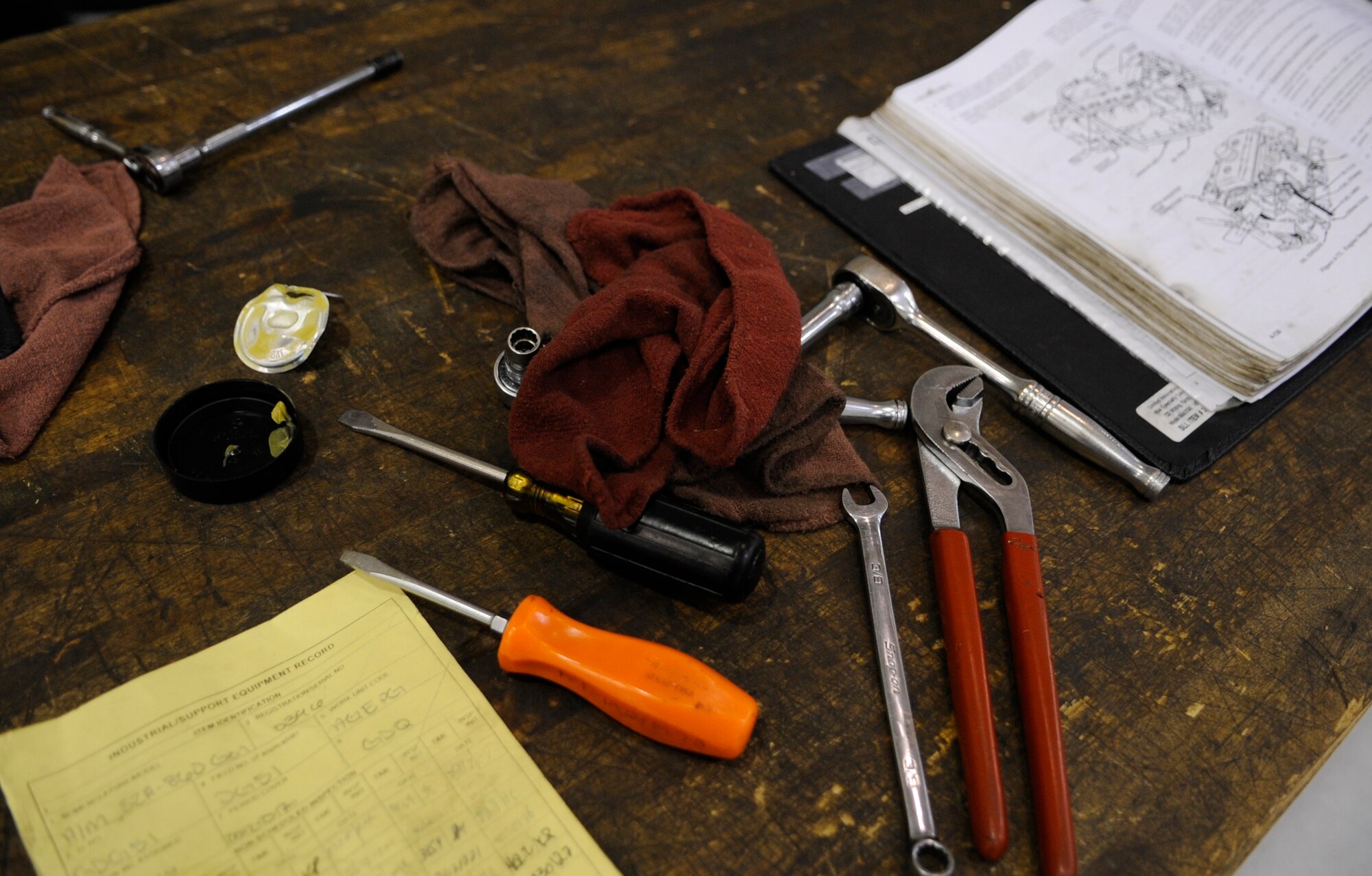WHITEMAN AIR FORCE BASE, MO. – Tools are placed on the table during hours of operation at the 509th Maintenance Squadron aerospace ground equipment flight here Jan. 29. The team services, inspects and trouble-shoots engine-driven generator sets, bomb lifts, air compressors and other similar support systems. (U.S. Air Force photo/Staff Sgt. Alexandra M. Boutte) (RELEASED)