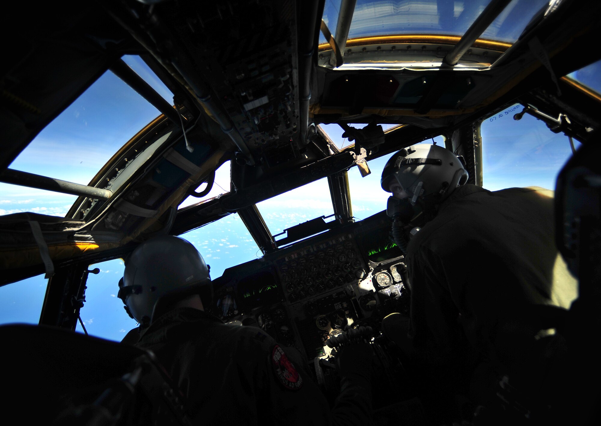 U.S. Air Force Capt. Benjamin Visser and 1st Lt. Eric Poole, B-52 pilots with the 2nd Bomber Wing, fly a mission in support of Cope North 13 near Anderson Air Force Base, Guam, Feb. 7, 2013. Cope North is an annual air combat tactics, humanitarian assistance and disaster relief exercise designed to increase the readiness and interoperability of the 
U.S. Air Force, Japan Air Self-Defense Force and Royal Australian Air Force.. (U.S. Air Force photo by Senior Airman Matthew Bruch/RELEASED)

