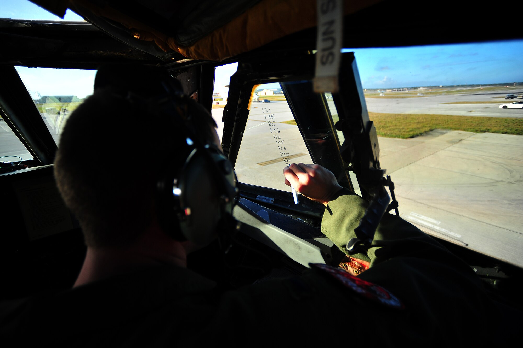 U.S. Air Force 1st Lt. Eric Poole, a B-52 pilot with the 2nd Bomber Wing, preps the jet for a flight in support of Cope North 13 on Anderson Air Force Base, Guam, Feb. 7, 2013. Cope North is an annual air combat tactics, humanitarian assistance and disaster relief exercise designed to increase the readiness and interoperability of the 
U.S. Air Force, Japan Air Self-Defense Force and Royal Australian Air Force.. (U.S. Air Force photo by Senior Airman Matthew Bruch/RELEASED)
