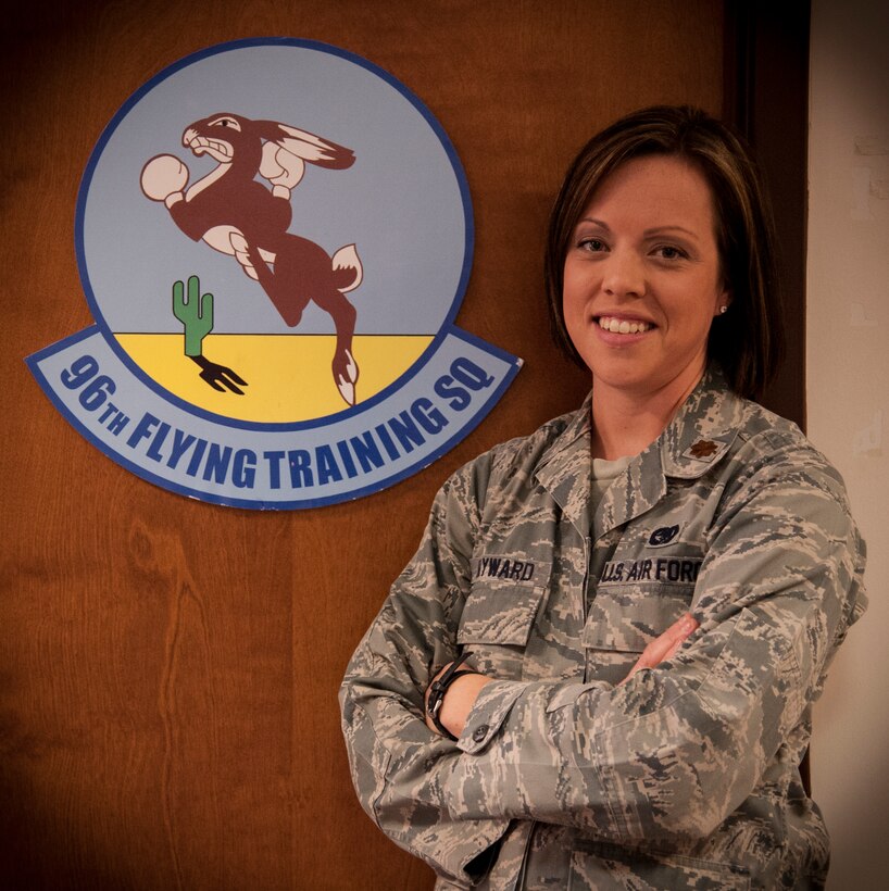 Maj. Kristie Hayward, 96th Flying Training Squadron executive officer, poses for a portrait at the 96th FTS in Anderson Hall at Laughlin Air Force Base, Texas, Feb. 7, 2013. The 96th FTS is Laughlin's associate reserve squadron and is one of six subordinate units to the 340th Flying Training Group headquartered at Joint Base San Antonio-Randolph, Texas. Hayward was recently named the 340th Flying Training Group's support officer of the year for 2012. (U.S. Air Force photo/Senior Airman Nathan Maysonet)