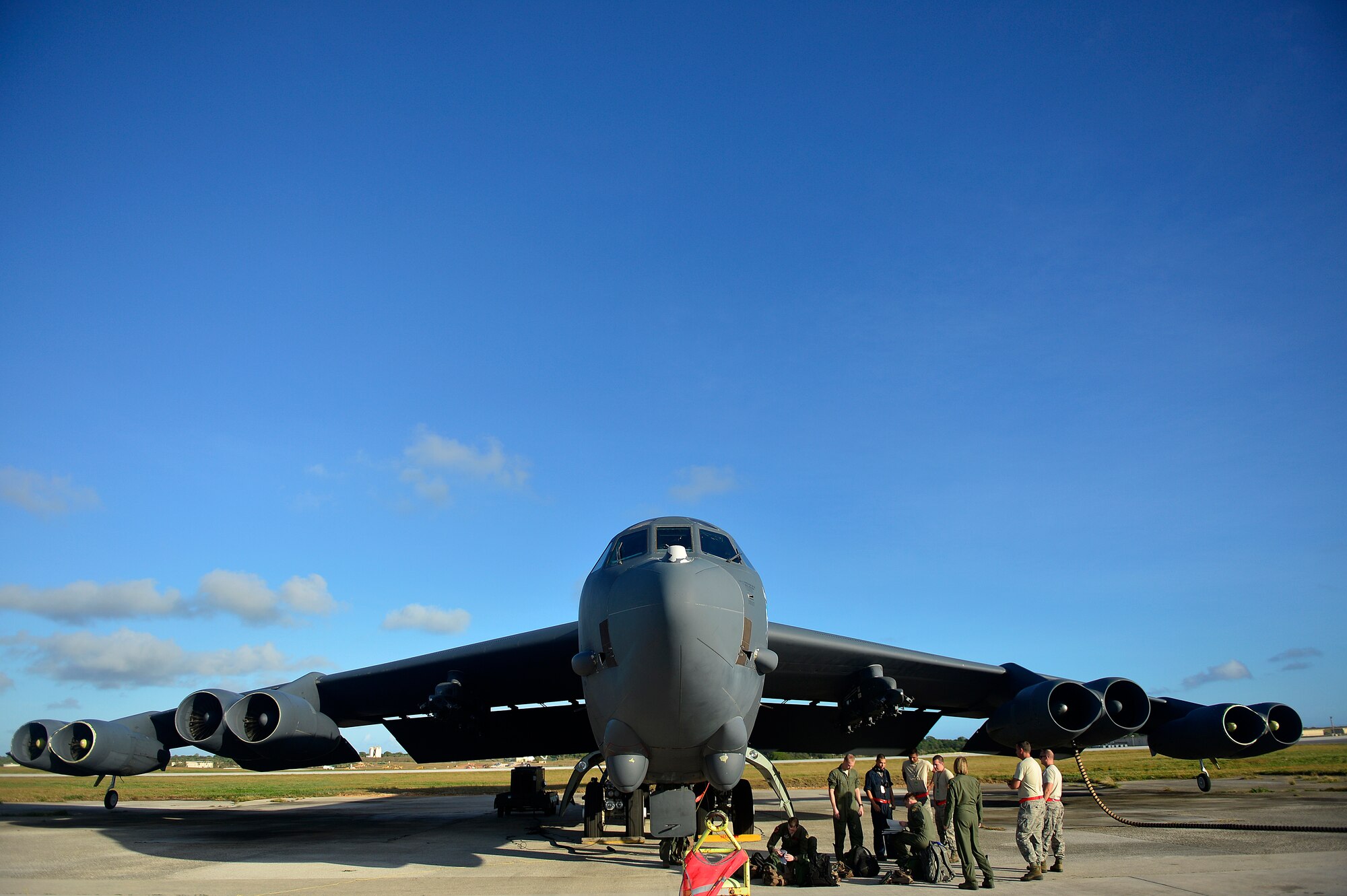 A U.S. Air Force B-52 assigned to the 2nd Bomber Wing, Barksdale Air Force Base, sits on the ramp on Anderson Air Force Base before a flight in support of Cope North 13, Feb. 7, 2013.  The B-52 is a long-range, heavy bomber that can perform a variety of missions at altitudes up to 50,000 feet.  Cope North is an annual air combat tactics, humanitarian assistance and disaster relief exercise designed to increase the readiness and interoperability of the U.S. Air Force, Japan Air Self-Defense Force and Royal Australian Air Force.. (U.S. Air Force photo by Senior Airman Matthew Bruch/RELEASED)
