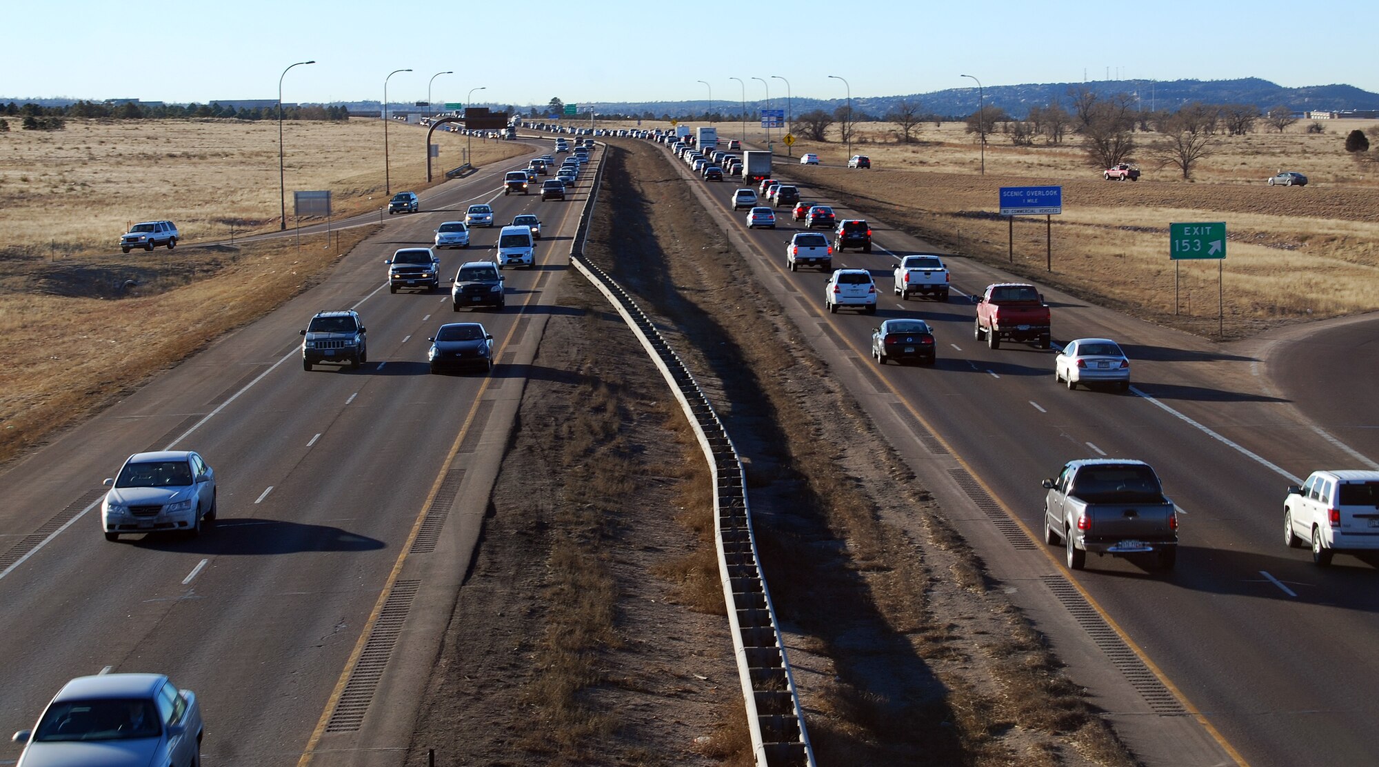 Commuters drive along Interstate 25 near Interquest Parkway Feb. 6, 2013. The Colorado Department of Transportation is scheduled to begin a construction project March 1 that will widen Interstate 25 from four lanes to six between Woodmen Road and State Highway 105 in Monument. Commuters should expect delays driving to and from the Air Force Academy while construction is underway. (U.S. Air Force photo/Don Branum)