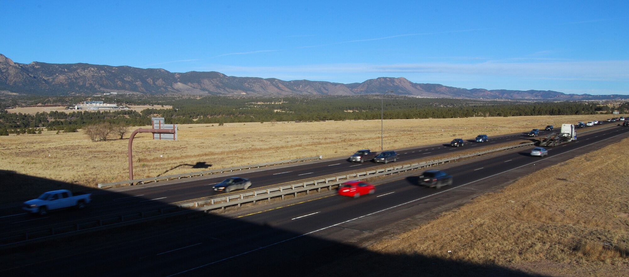 Commuters drive along Interstate 25 near Interquest Parkway Feb. 6, 2013. The Colorado Department of Transportation is scheduled to begin a construction project March 1 that will widen Interstate 25 from four lanes to six between Woodmen Road and State Highway 105 in Monument. Commuters should expect delays driving to and from the Air Force Academy while construction is underway. (U.S. Air Force photo/Don Branum)