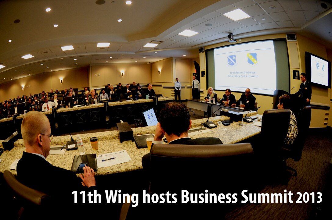 Communtiy leaders and local small business owners convene at the Jacob A. Smart building, Joint Base Andrews, Md., on Feb. 5, for Business Summit 2013. The summit provides the community with an opportunity for contractor/vendor outreach and networking with contracting officials from both the Air Force District of Washington and the 11th Wing Contracting Squadron. (U.S. Air Force photo/ Staff Sgt. Amber Russell)