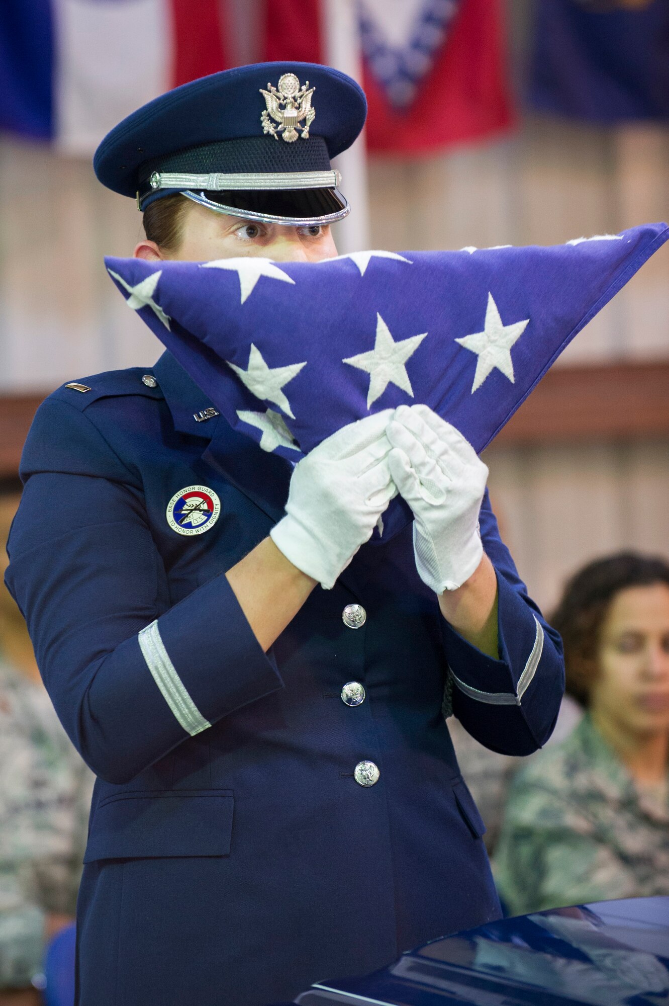 Red Flight Honor Guard Company Grade Officer of the Year nominee, 2nd Lt Rachael Nutting of 45 LCSS, completes the full-dress sequence, following the 6-person flag fold during the Honor Guard Airman of the Year Board, which consisted of a total of 8 nominees competing in the Airmen, noncommissioned officer and Company Grade Officer categories. Participants had a uniform inspection, answered a series of questions and performed in a scenario unknown to them until the board presented it. (U.S. Air Force Photo/Matthew Jurgens.)