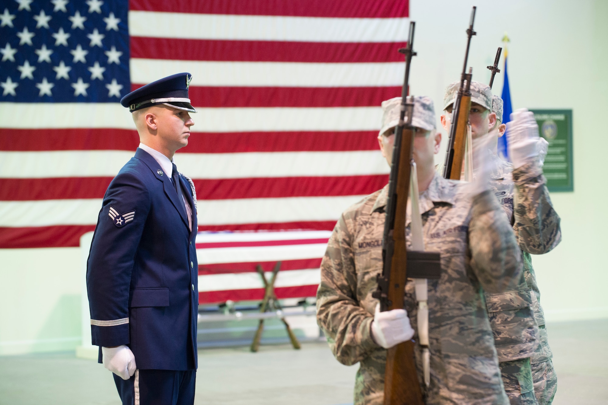 Blue Flight Honor Guard Airman of the Year nominee, Senior Airman Craig Knox, 45th Comptroller Squadron, serves as NCOIC of Firing Party, calling commands for the team to execute three vollies during the Honor Guard Airman of the Year Board, which consisted of a total of 8 nominees competing in the Airmen, noncommissioned officer and Company Grade Officer categories. Participants had a uniform inspection, answered a series of questions and performed in a scenario unknown to them until the board presented it. (U.S. Air Force Photo/Matthew Jurgens.)