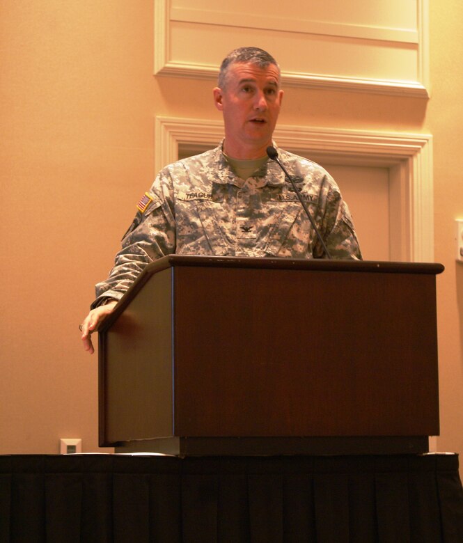 Col. Michael Teague, Tulsa District commander, speaks to the Western States Land Commission Association about the McClellan-Kerr Arkansas River Navigation System and the drought. 