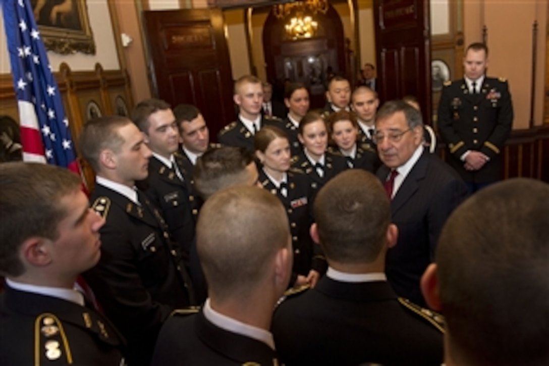 Secretary of Defense Leon E. Panetta speaks to ROTC students at Georgetown University in Washington, D.C., on Feb. 6, 2013.  Panetta later gave a speech to a group of students that laid out a detailed account of the drastic cuts that would ensue should sequestration take effect