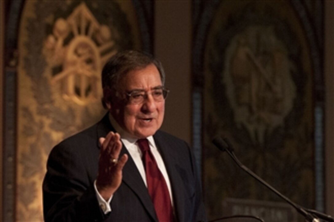 Secretary of Defense Leon E. Panetta speaks to college students at Georgetown University in Washington, D.C., on Feb. 6, 2013.  Panetta laid out a detailed account of the drastic cuts that would ensue should sequestration take effect. 