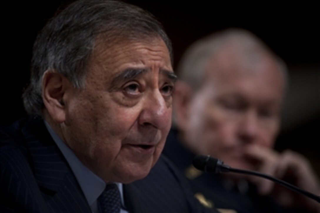 Secretary of Defense Leon E. Panetta and Chairman of the Joint Chiefs of Staff Gen. Martin E. Dempsey testify during a hearing of the Senate Armed Services Committee on the Defense Department’s response to the attack on U.S. facilities in Benghazi, Libya, and the findings of its internal review following the attack on Feb. 7, 2013.  