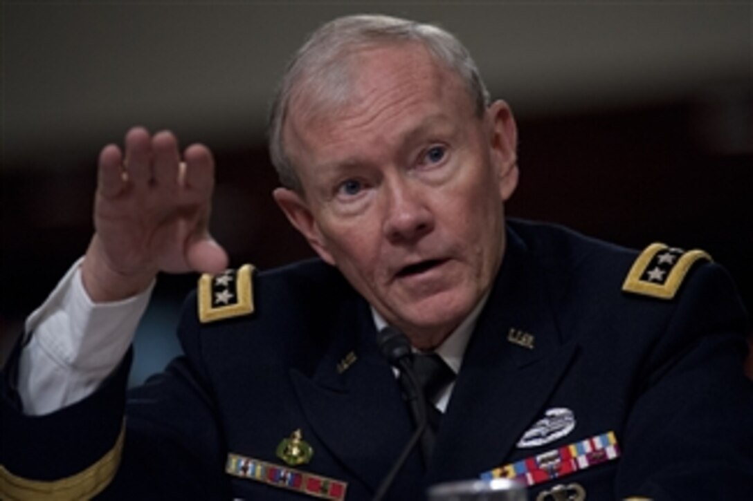 Chairman of the Joint Chiefs of Staff Gen. Martin E. Dempsey testifies during a hearing of the Senate Armed Services Committee on the Defense Department’s response to the attack on U.S. facilities in Benghazi, Libya, and the findings of its internal review following the attack on Feb. 7, 2013.  