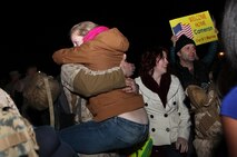 A Marine and his spouse reunite during Combat Logistics Battalion 2, 2nd Marine Logistics Group’s homecoming celebration aboard Camp Lejeune, N.C., Feb. 1, 2013. Approximately 290 Marines and sailors from the unit arrived on the base in the second wave of returning servicemembers after the battalion’s deployment to Afghanistan. 