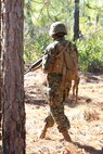 A student at 2nd Marine Logistics Group’s Corporal’s Course cautiously makes his way through his class’s training area aboard Camp Lejeune, N.C., Feb. 5, 2013. Three squads of Marines spent the day conducting mock patrols and ambushes in preparation for their final day of the course, when they would engage each other in simulated combat.