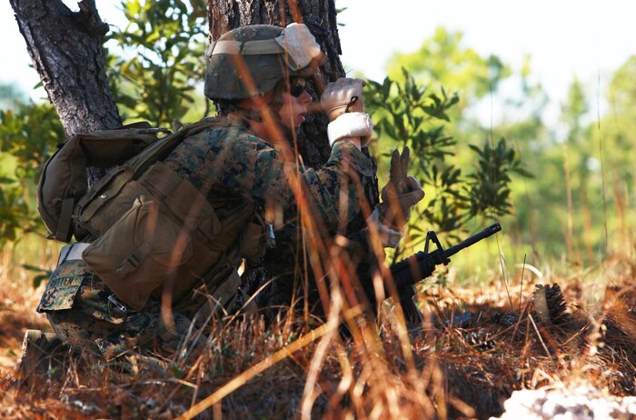 A student with 2nd Marine Logistics Group’s Corporals Course signals a fellow squad mate that he has sighted two rival Marines during the course’s training exercise aboard Camp Lejeune, Feb. 5, 2013. The student’s squad launched an attack on the rival Marines moments after his squad mates made contact with additional enemies on the group’s right. 