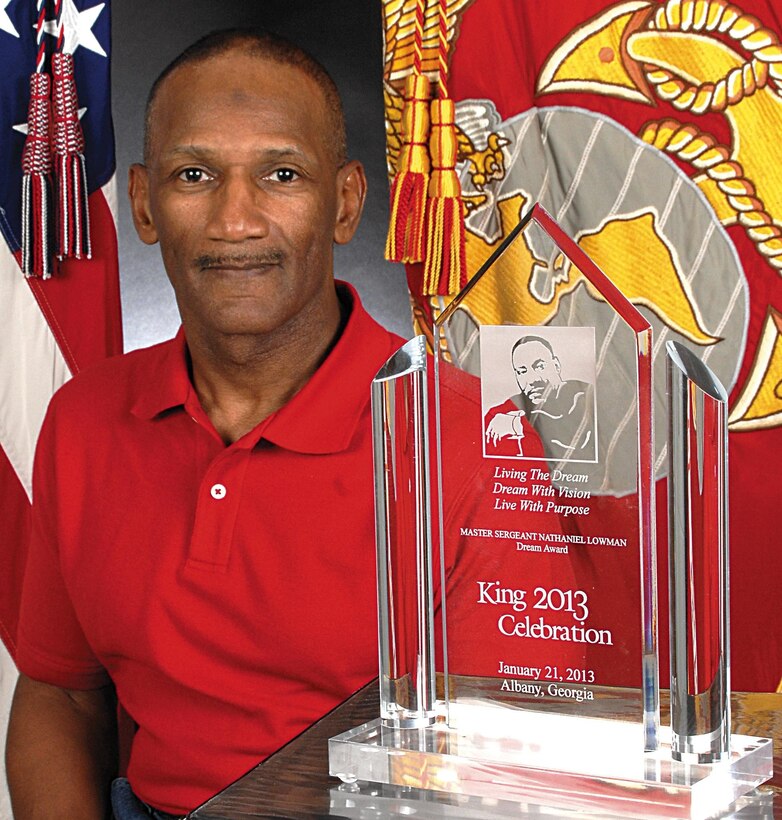 ‘Never forget where you came from and always give back’ is the motto of Nathaniel Lowman, commanding officer of the Albany Young Marines, and retired Marine Corps master sergeant.Lowman has lived by these words for the last 35 years and because of his service to the surrounding communities, he was awarded the 2013 Dr. Martin Luther King Jr. Dream Award during a ceremony held at the Albany James H. Gray Sr. Civic Center, Jan. 21.