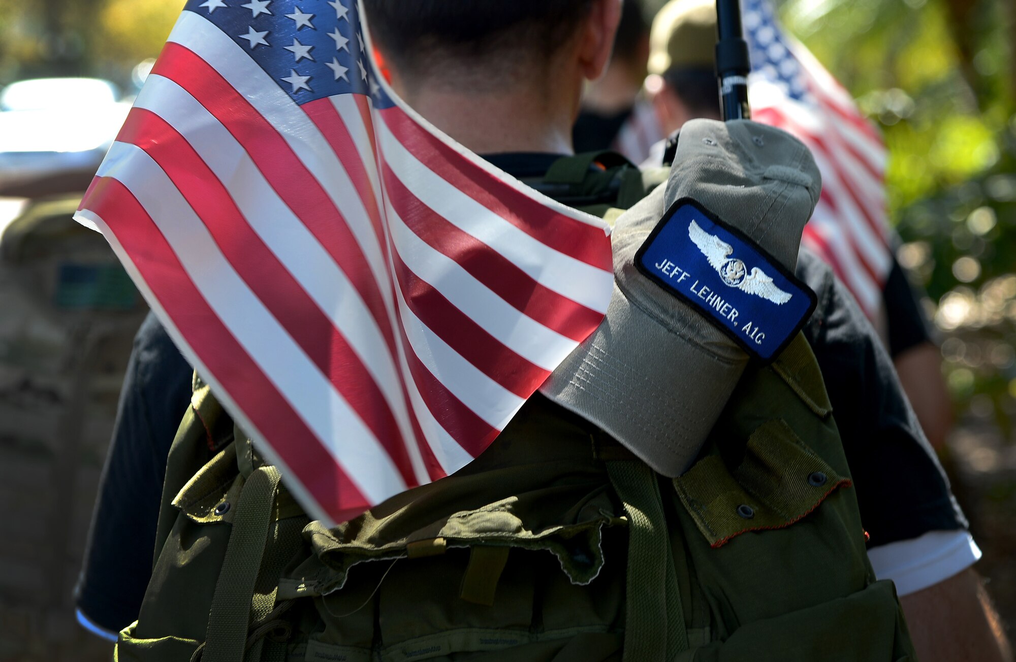 Tech Sgt. Scott Cantwell, 25th Intelligence Squadron Air Commando, wears the name of a fallen friend and fellow Air Commando, who was killed in action in 2009, during a 450-mile march, Tampa, Fla., Feb. 8, 2013. The U.S. Special Operations Command Memorial at MacDill Air Force Base, Fla., was the end destination of the march in honoring five fallen Air Commandos who were killed in 2012. (U.S. Air Force photo by Airman 1st Class David Tracy/Released)