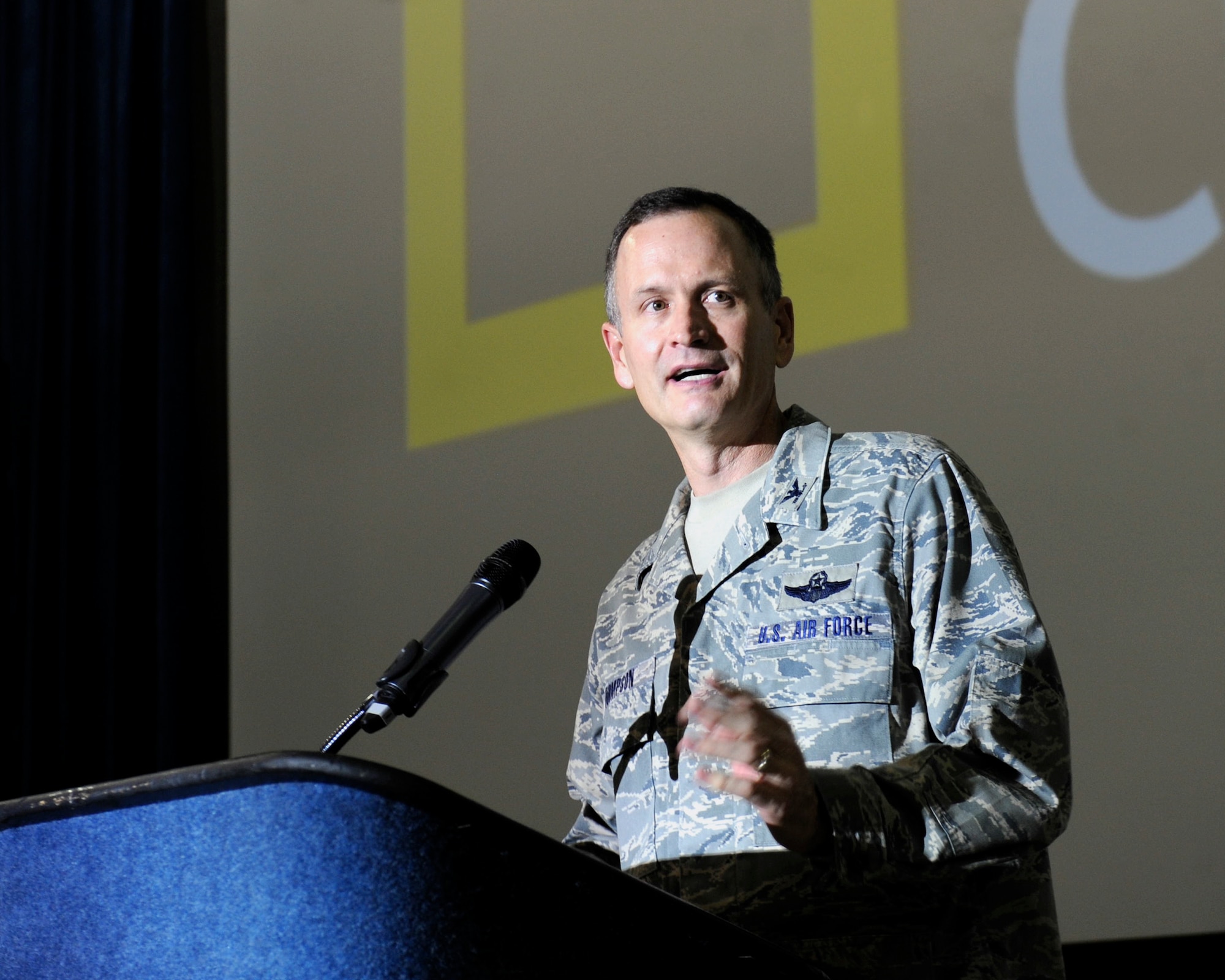 U.S. Air Force Col. Billy Thompson, 23d Wing commander, gives opening remarks before National Geographic’s new television series, “Inside Combat Rescue,” premiered at Moody Air Force Base, Ga., Feb. 7, 2013. The series portrayed Moody’s rescue capabilities with Airmen from the 347 Rescue Group. (U.S. Air Force photo by Airman 1st Class Olivia Bumpers/Released)