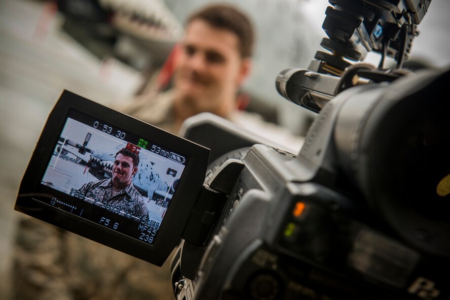 U.S. Air Force Senior Airman Gerald Creel, 38th Rescue Squadron pararescueman, takes part in an interview Feb. 7, 2013, at Moody Air Force Base, Ga. A National Geographic production crew deployed to Kandahar Airfield, Afghanistan, with Creel and other Airmen assigned to Moody for a six-part television series “Inside Combat Rescue.” (U.S. Air Force by Staff Sgt. Jamal D. Sutter/Released) 