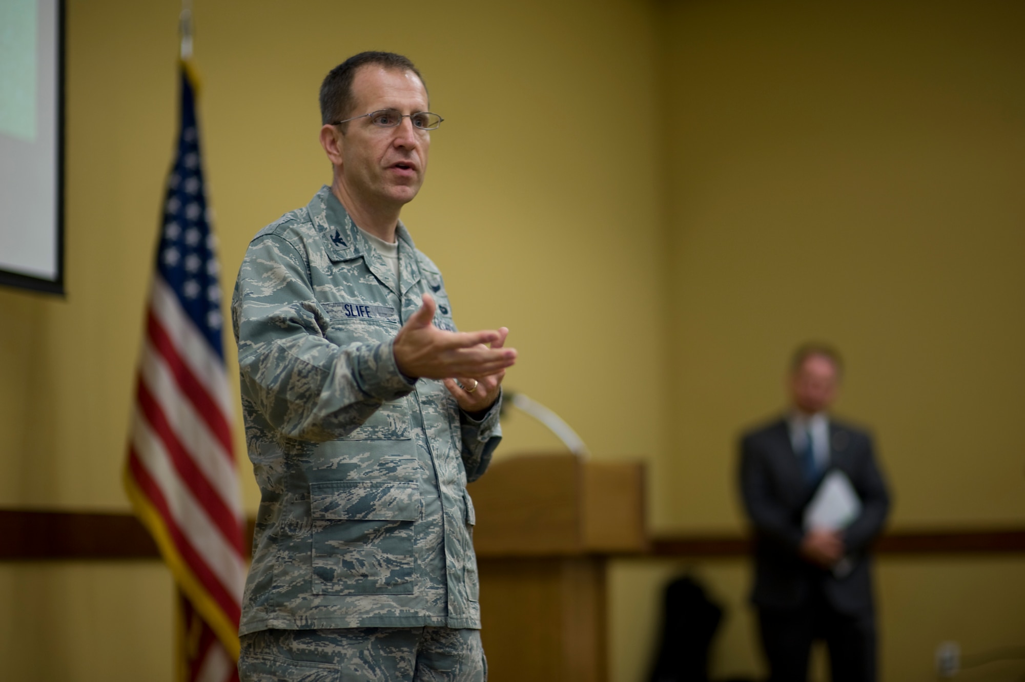 Col. Jim Slife, commander of 1st Special Operations Wing, speaks to community members and Hurlburt Field personnel during the groundbreaking ceremony for the U.S. 98/Cody Avenue Interchange at the Soundside Club at Hurlburt Field, Fla., Feb. 7, 2013. The Interchange will be constructed at the intersection of State Road 30 and Cody Avenue at the front gate of Hurlburt Field. (U.S. Air Force Photo/Airman 1st Class Hayden K. Hyatt)