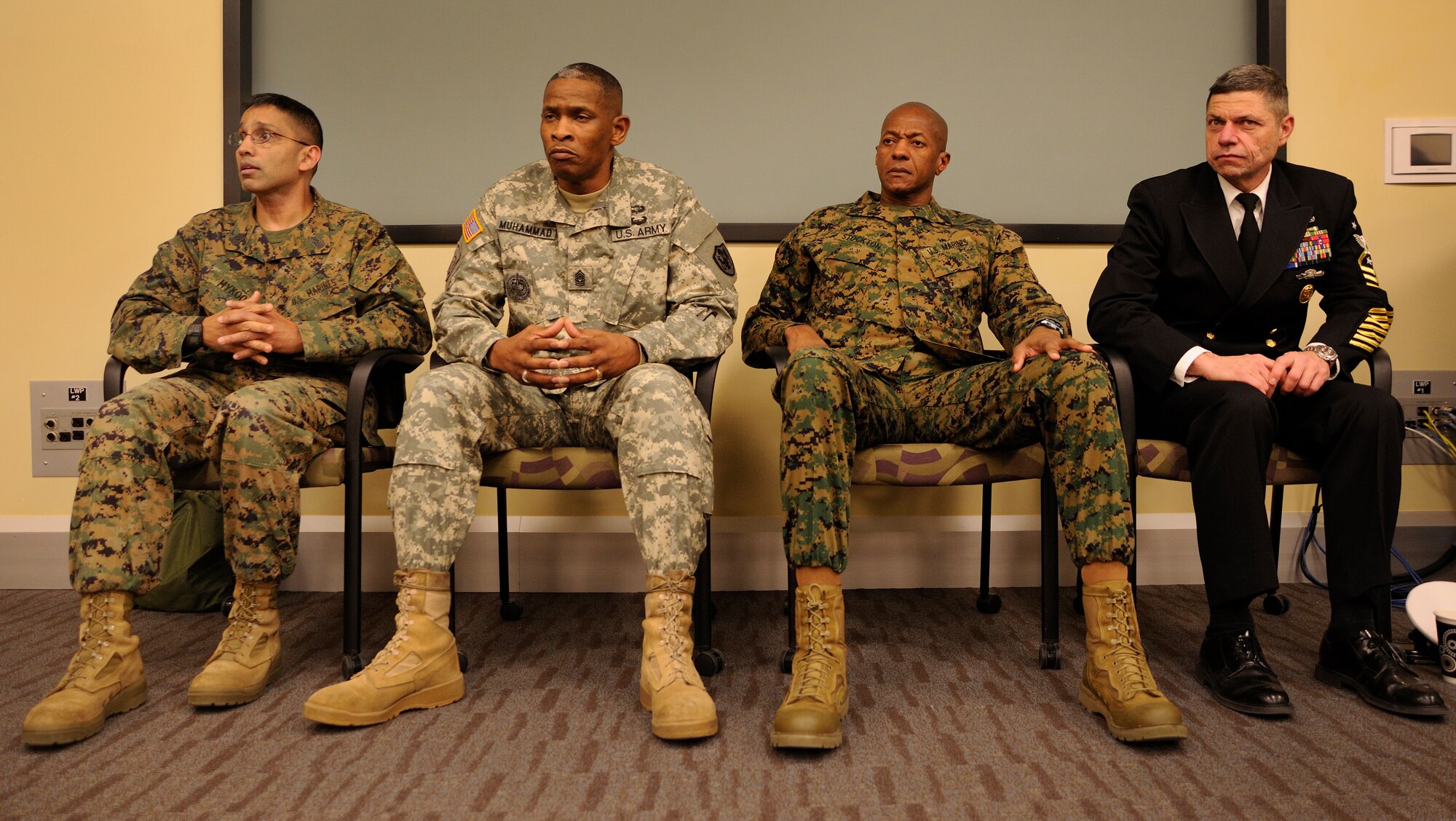 Sgt. Maj. Scott Mykoo, Defense Threat Reduction Agency command senior enlisted leader,  Command Sgt. Maj. Sultan A. Muhammad, Defense Logistics Agency CSEL, Sgt. Maj. Eric J. Stockton, Marine Barracks Washington sergeant major and Master Chief Petty Officer Leland Moore, Naval District of Washington command master chief  sit on an open discussion panel answering questions and giving insights on the joint forces environment to 34 students during the Air Force District of Washington Chief Orientation Seminar on Joint Base Andrews, Md., Feb. 6, 2013. Service members from across the U.S. traveled to attend the week long Senior Enlisted Course which culminated with a chiefs recognition ceremony the evening of Feb. 8. (U.S. Air Force photo by Staff Sgt. Christopher Ruano)