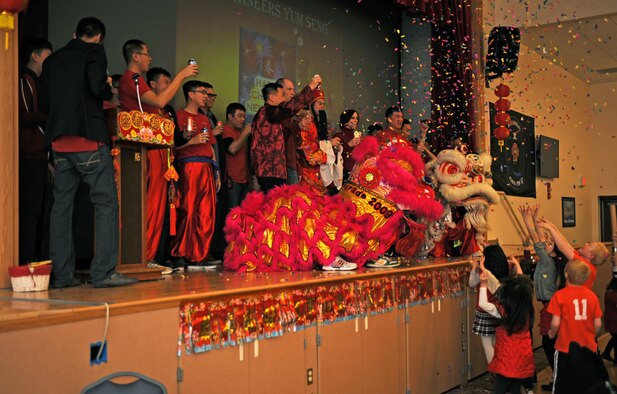 Buccaneers from the 428th Fighter Squadron toast each other at the conclusion of the Chinese New Year celebration Feb. 7, 2013, at Mountain Home Air Force Base, Idaho. More than 300 personnel from across base attended the event. (U.S. Air Force photo/Senior Airman Benjamin Sutton)    