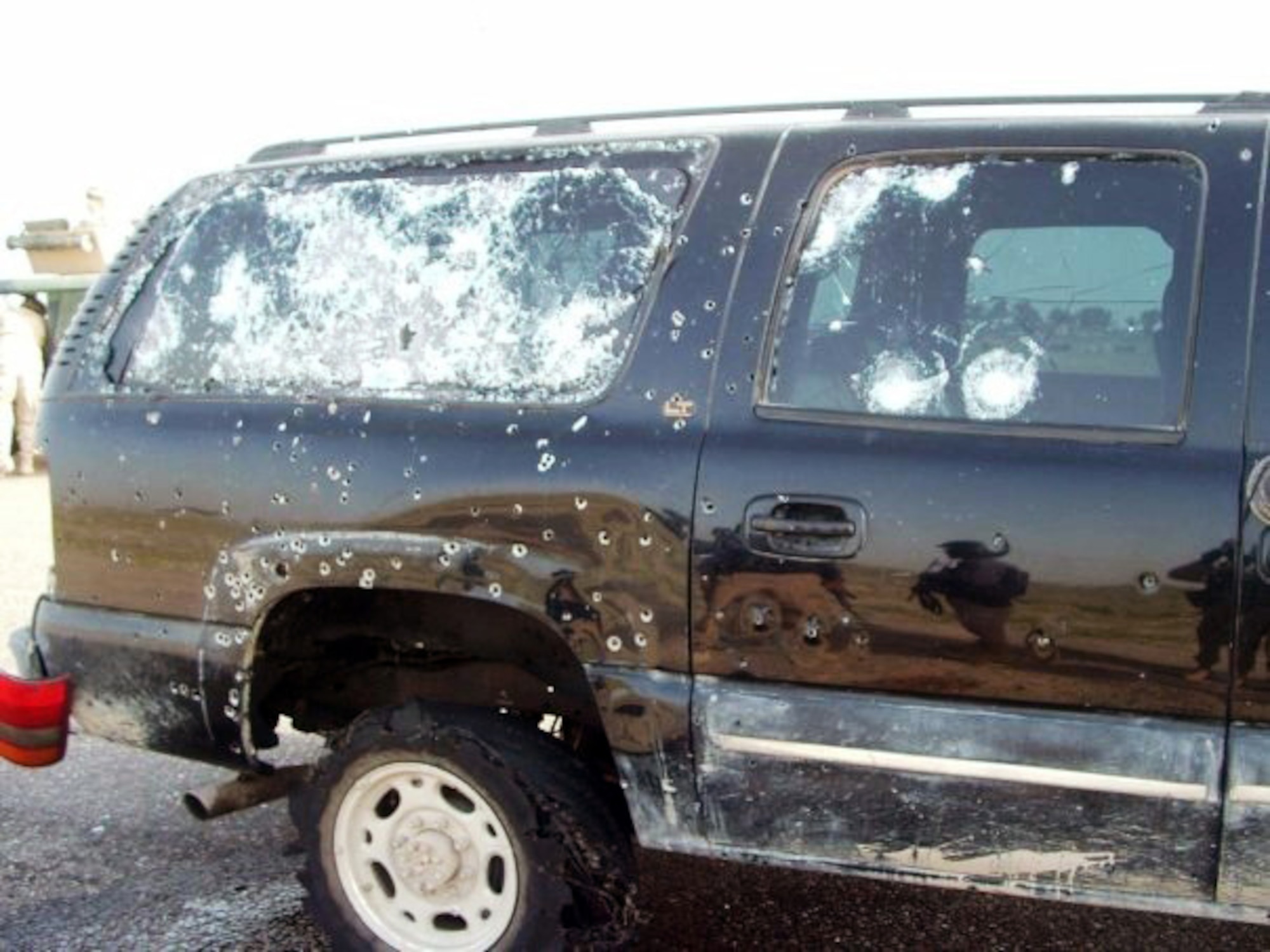 A military sports utility vehicle after being hit by an improvised explosive device. Tech. Sgt. Francis Woznick, 366th Security Forces Squadron, faced constant IED threats, and faced his final insurgent attack merely six days before he left Iraq. (Courtesy photo)