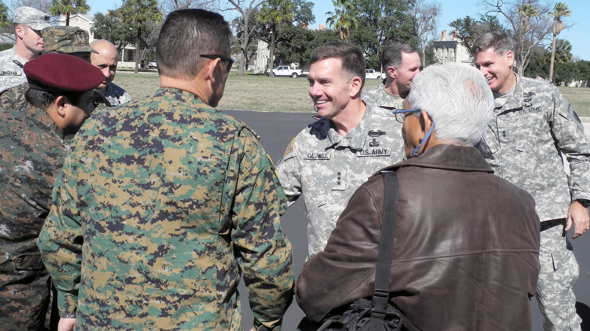 Lt. Gen. William Caldwell IV, commanding general, U.S. Army North (Fifth Army), and senior commander, Fort Sam Houston and Camp Bullis, greets army commanders from Central America during a visit Jan. 30 to U.S. Army North. (Photo by Sgt. Maj. Eric Lobsinger, U.S. Army North Public Affairs)