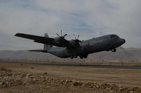 A C-130J Hercules takes off from a civilian airfield in Masada, Israel, Feb. 5, 2013. The 86th Airlift Wing conducted a flying training deployment with the Israeli Air Force in order to strengthen partnerships and maintain readiness for contingency operations. (U.S. Air Force photo/2nd Lt. Kay M. Nissen) 