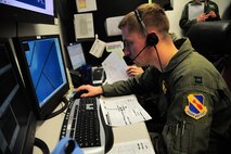 U.S. Air Force Capt. Daniel Haley, 336th Fighter Squadron pilot, tracks the location of aircraft during Exercise RAZOR TALON on Seymour Johnson Air Force Base, N.C., Feb. 7, 2013. RAZOR TALON is a monthly Atlantic Coast large-force exercise and joint-unit training opportunity that employs cutting edge operational concepts such as AirSea Battle and Maritime Air Support.  (U.S. Air Force photo/Airman 1st Class Aubrey White/Released)