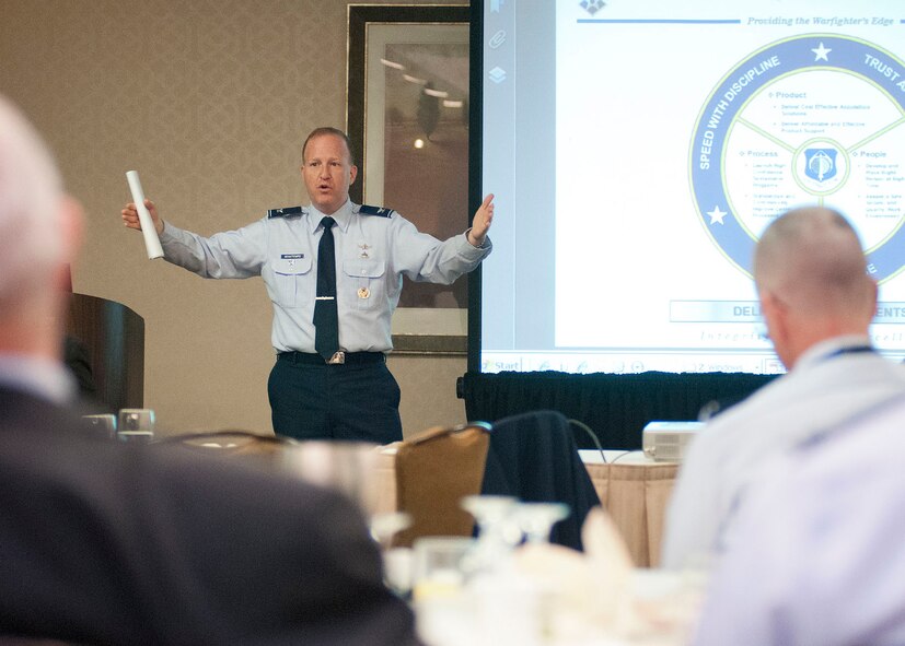 BEDFORD, Mass. - Col. Anthony Genatempo, Space, Aerial and Nuclear Networks Division senior materiel leader, speaks to attendees at the North Suburban Chamber of Commerce Military Affairs Council breakfast meeting Jan. 31 at the Doubletree Hotel. Genatempo presented a briefing on the joint aerial layer network, highlighting the need for connectivity among disparate systems. (U.S. Air Force photo by Mark Wyatt)