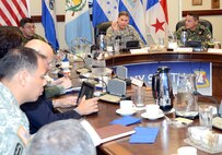 Maj. Gen. Frederick S. Rudesheim (head of table), the commanding general of U.S. Army South, leads a discussion during the first day of the 2013 Central American Regional Leaders’ Conference at the Army South headquarters on Joint Base San Antonio-Fort Sam Houston Jan. 29. (Photo by Eric R. Lucero, U.S. Army South Public Affairs)