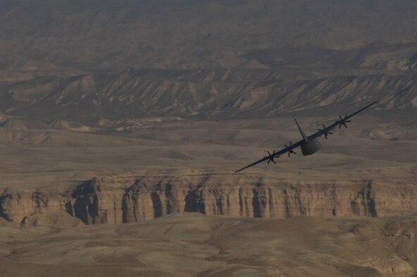  C-130J Hercules flies a training sortie above the Negev desert in Israel Feb. 4, 2013. The 86th Airlift Wing conducted a flying training deployment with the Israeli Air Force in order to strengthen partnerships and maintain readiness for contingency operations. (U.S. Air Force photo/2nd Lt. Kay M. Nissen) 
