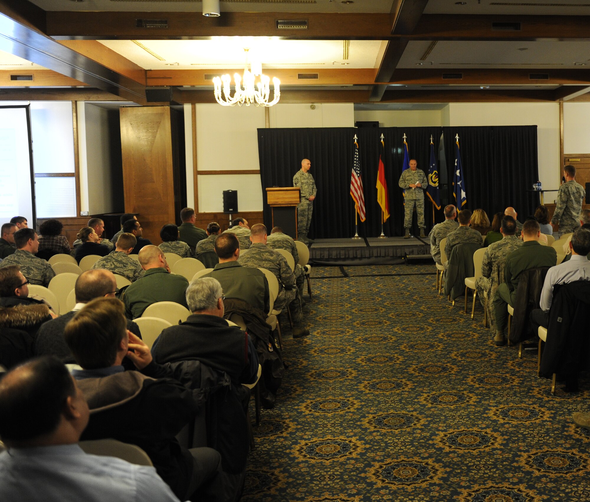 Gen. Philip M. Breedlove, United States Air Forces in Europe and Air Forces Africa commander and Chief Master Sgt. Craig A. Adams, USAFE-AFAFRICA command chief, address members of the USAFE-AFAFRICA staff during one of two all calls here Feb. 4. During the all calls Breedlove discussed several topics including the potential impact of sequestration and command results of the Air Force Health and Welfare Inspection. (U.S. Air Force Photo by Tech. Sgt. Patrick Mitchell/Released)